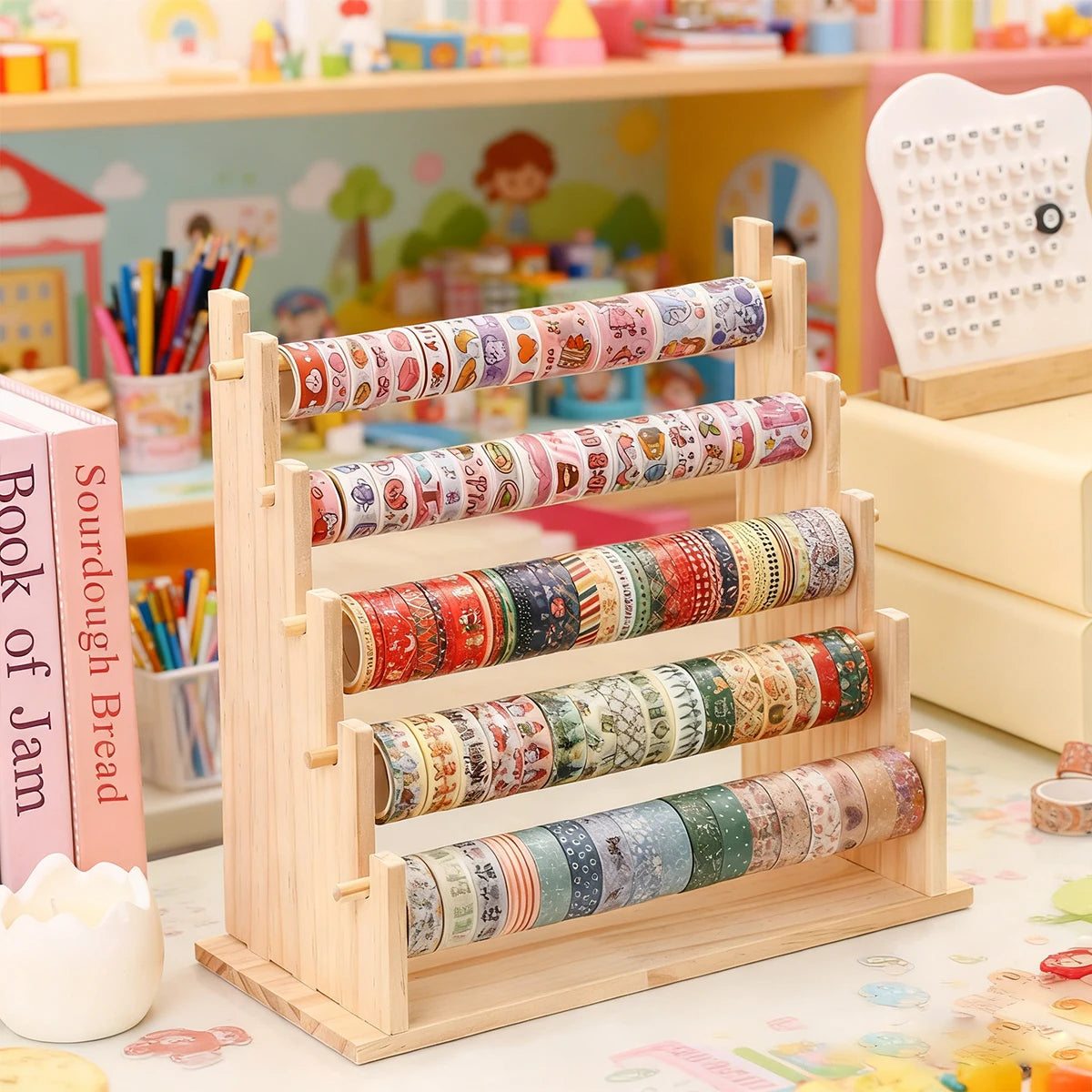 1pc multifunctional wooden tape and sticker storage rack suitable for necklace organizer for office desktop storage display rack